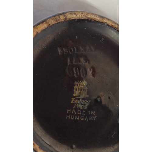 129 - Early 20th century Zsolnay Pecs pottery twin spouted ewer, painted impressed marks to the base, 19.5... 