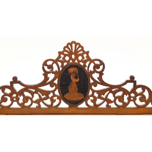 46 - Mid 19th century wooden book slide with pierced fretwork and  inlaid panels of continental figures i... 