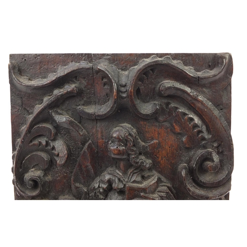 40 - 17th century oak panel carved with a saint, Suffolk House Antiques receipt for £380.00, 34cm x 24cm