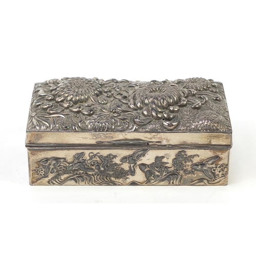 171 - Japanese silver coloured metal casket embossed with flowers, birds and waves, 17cm x 9cm x 5.2cm