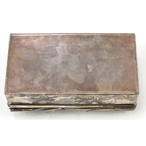 171 - Japanese silver coloured metal casket embossed with flowers, birds and waves, 17cm x 9cm x 5.2cm