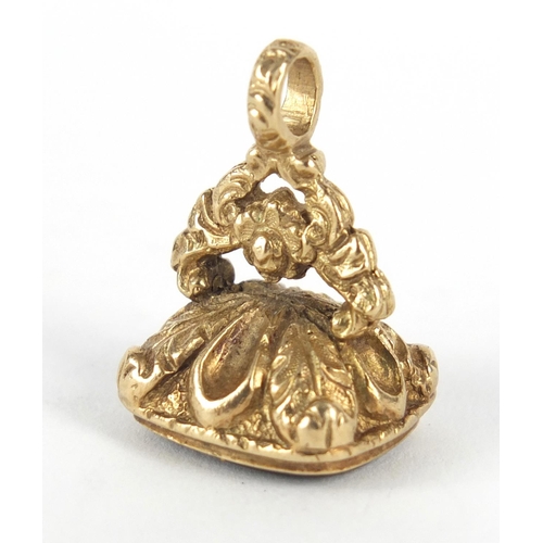 153 - Victorian unmarked gold intaglio seal fob, the bloodstone carved with a portrait of a male Roman sol... 