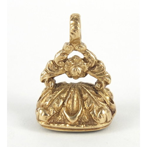 153 - Victorian unmarked gold intaglio seal fob, the bloodstone carved with a portrait of a male Roman sol... 