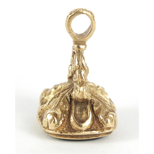 153 - Victorian unmarked gold intaglio seal fob, the bloodstone carved with a portrait of a male Roman sol... 