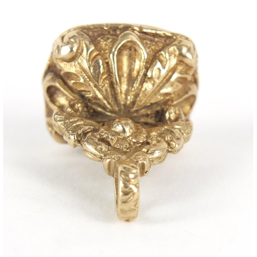 153 - Victorian unmarked gold intaglio seal fob, the bloodstone carved with a portrait of a male Roman sol... 