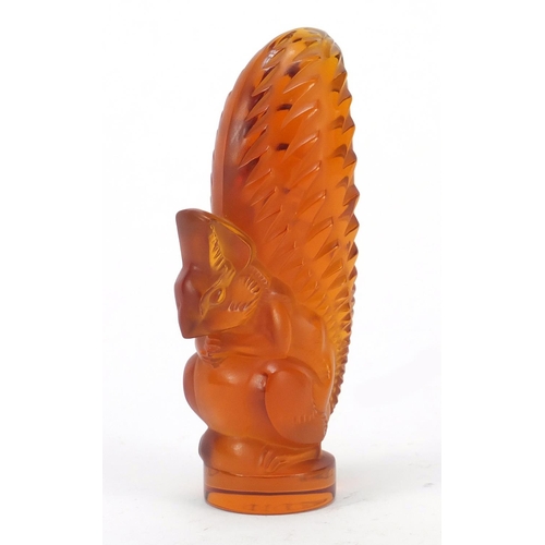 130 - Lalique amber frosted and clear glass squirrel paperweight, etched Lalique France, 11cm high