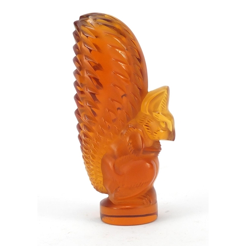 130 - Lalique amber frosted and clear glass squirrel paperweight, etched Lalique France, 11cm high