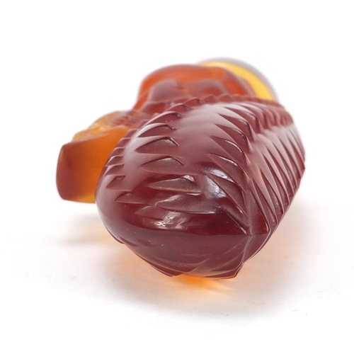 130 - Lalique amber frosted and clear glass squirrel paperweight, etched Lalique France, 11cm high