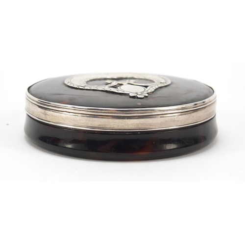 38 - Regency tortoiseshell snuff box with unmarked silver mounts, 8.5cm in diameter