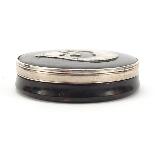 38 - Regency tortoiseshell snuff box with unmarked silver mounts, 8.5cm in diameter