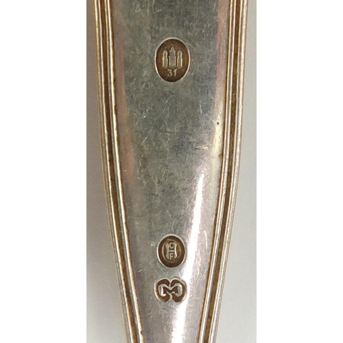 233 - Danish silver flatware by G Guldbradsen of Vejie and a silver coloured spoon mark P.Grann, 28cm in l... 
