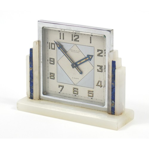 19 - Art Deco onyx lapis lazuli and chrome eight day desk clock with silvered dial having Arabic numerals... 