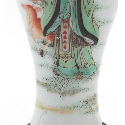 76 - Chinese porcelain baluster vase on carved hardwood stand, finely hand painted in the famille verte p... 