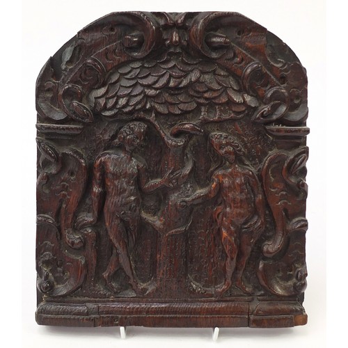 39 - 17th century oak panel carved with Adam and Eve, Arthur Brett & Sons reciept for £1500.00, 29.5cm x ... 