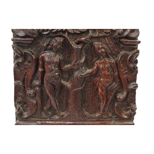 39 - 17th century oak panel carved with Adam and Eve, Arthur Brett & Sons reciept for £1500.00, 29.5cm x ... 