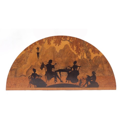 5 - Arts & Crafts wooden marquetry headboard, probably Rowley Gallery, inlaid with figures around a tabl... 