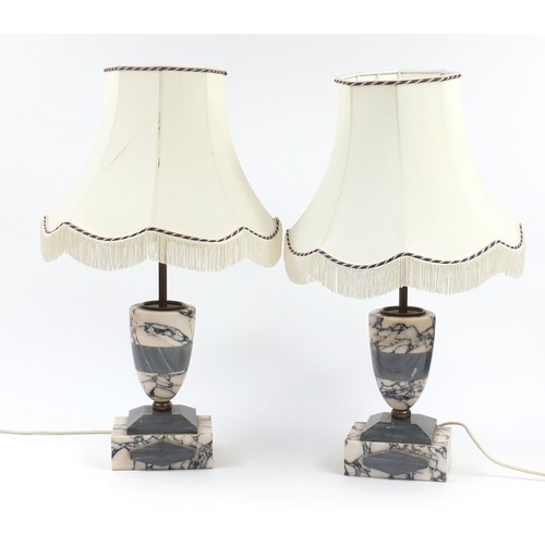 858 - Pair of grey onyx and marble baluster table lamps raised on rectangular bases, 60cm high