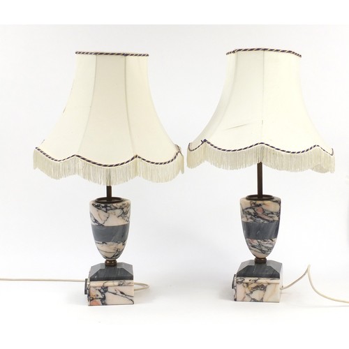 858 - Pair of grey onyx and marble baluster table lamps raised on rectangular bases, 60cm high