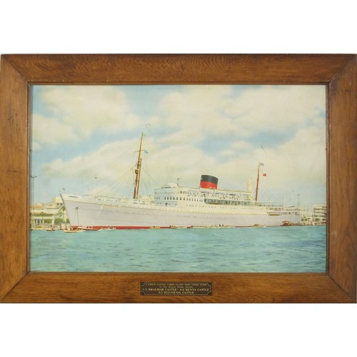 336 - Shipping interest advertising board depicting a Union Castle cabin class ship, housed in an oak fram... 