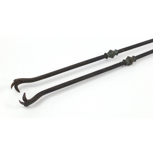 1299 - Rare pair of 19th century French iron and brass giant log tongs, 125cm in length