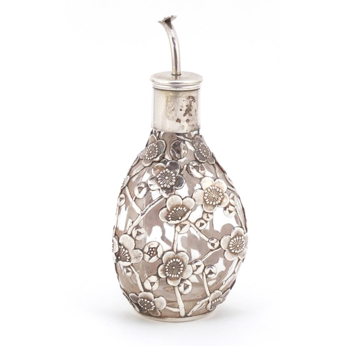 223 - Japanese silver overlaid rosewater sprinkler with clear glass body, impressed 950 Sterling to the ba... 