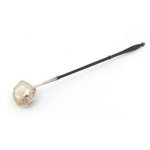 270 - 18th century unmarked silver toddy ladle with turned wood handle, the embossed bowl inset with a Mex... 