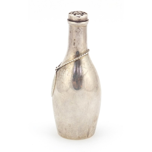 303 - American sterling silver mace pot in the form of a wine bottle with chain and oval decanter label in... 