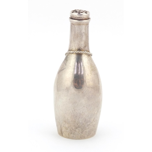 303 - American sterling silver mace pot in the form of a wine bottle with chain and oval decanter label in... 