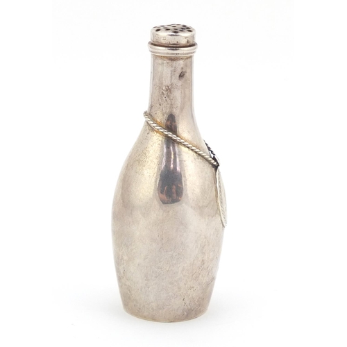 303 - American sterling silver mace pot in the form of a wine bottle with chain and oval decanter label in... 