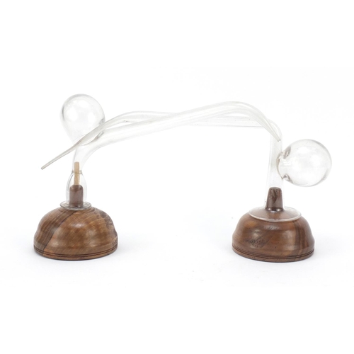 901 - Two clear glass oral breast pumps mounted on turned wooden bases, the largest 32cm in length