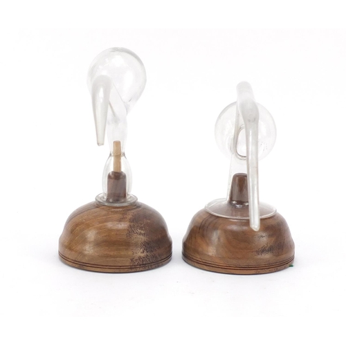 901 - Two clear glass oral breast pumps mounted on turned wooden bases, the largest 32cm in length