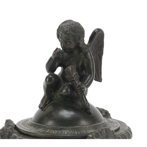 324 - 19th century Renaissance style Grand Tour patinated bronze inkwell with cherub lid and brass liner, ... 