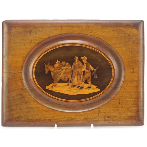 55 - Italian Sorrento ware panel inlaid with a donkey and  two peasants, 23cm x 17cm