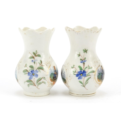 348 - Pair of Continental porcelain vases hand painted with panels of courting couples and flowers, painte... 