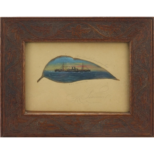 153 - Australian gum leaf hand painted with P&O Parromatta and a 19th century emu egg housed on a antique ... 