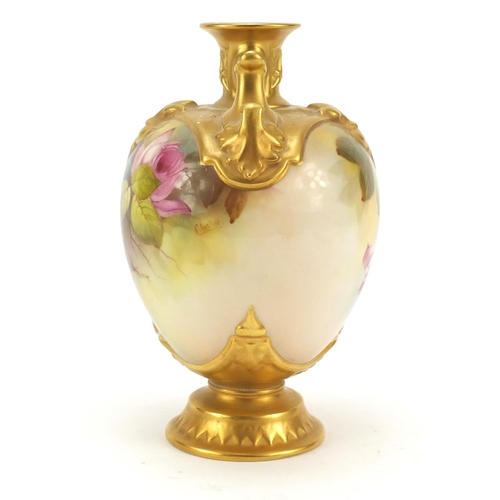 87 - Reginald Austin for Royal Worcester porcelain twin handle vase hand painted with flowers, 19.5cm hig... 