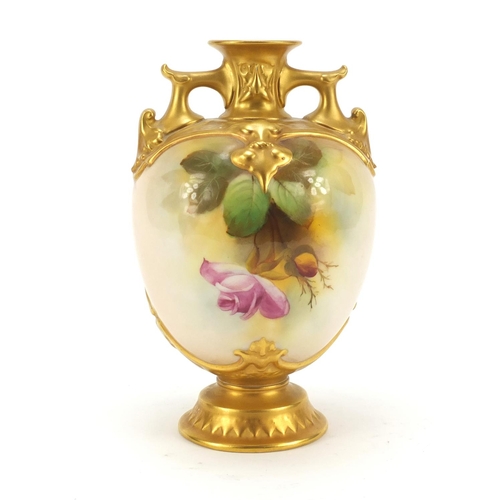 87 - Reginald Austin for Royal Worcester porcelain twin handle vase hand painted with flowers, 19.5cm hig... 