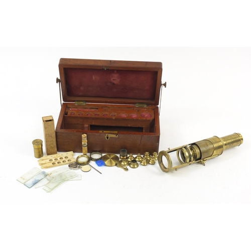 57 - Victorian brass drum microscope by Gogerty of Fleet Street London with lenses and accessories, house... 