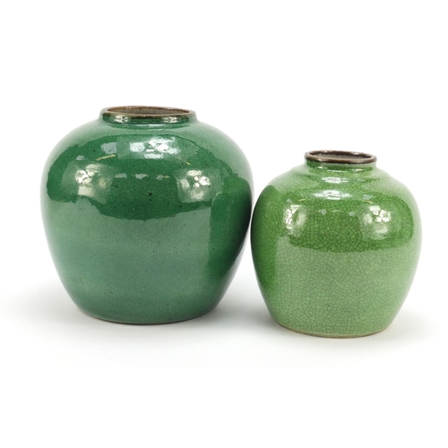 708 - Two Chinese porcelain jars having green crackle glazes, the largest 19cm high