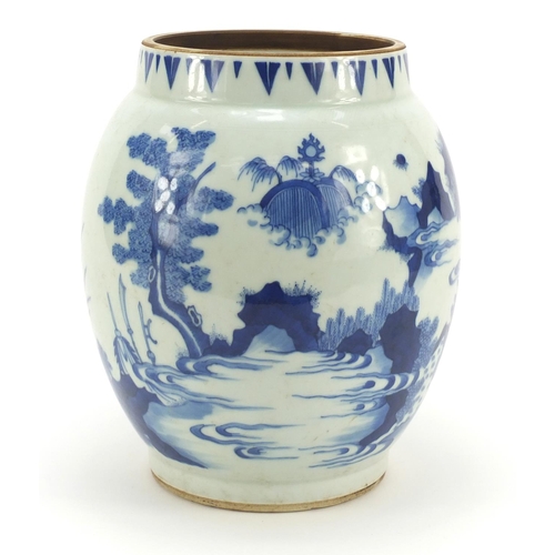 129 - Chinese blue and white porcelain baluster vase hand painted with figures in a palace setting, 25cm h... 