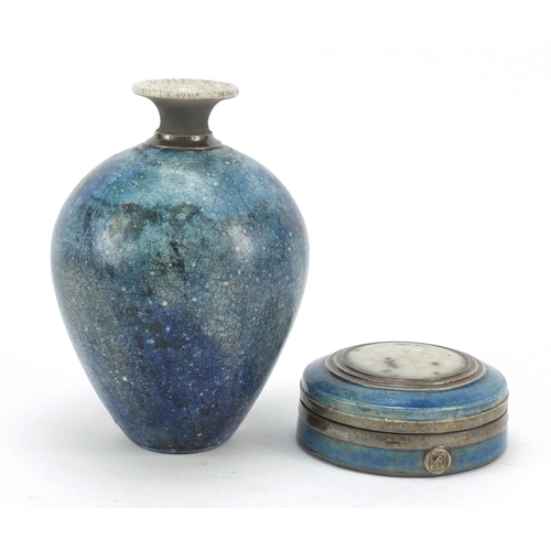 180 - Helen Ennis for Dunbeacon studio pottery vase and circular box with cover, the vase 19cm high