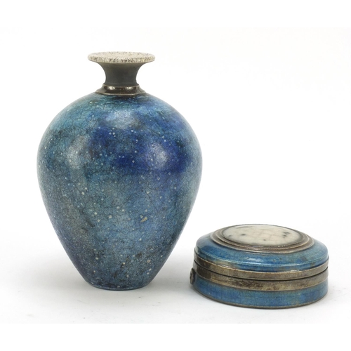 180 - Helen Ennis for Dunbeacon studio pottery vase and circular box with cover, the vase 19cm high