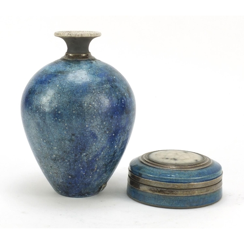 180 - Helen Ennis for Dunbeacon studio pottery vase and circular box with cover, the vase 19cm high