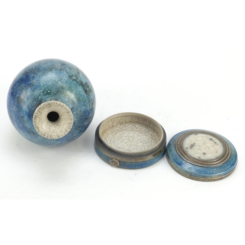 180 - Helen Ennis for Dunbeacon studio pottery vase and circular box with cover, the vase 19cm high