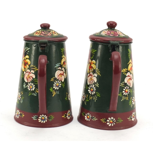 2006 - Two hand painted Barge ware water pots, 20cm high