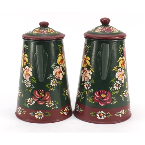 2006 - Two hand painted Barge ware water pots, 20cm high