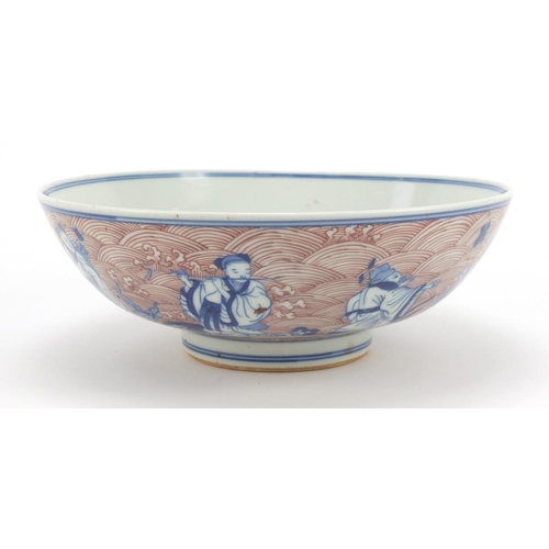 215 - Chinese blue and white with iron porcelain bowl, hand painted with figures, six figure character mar... 