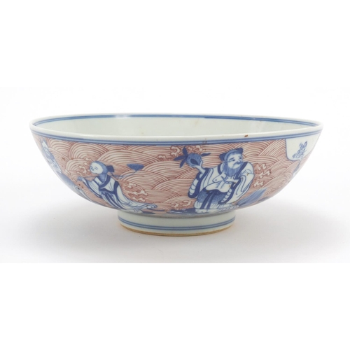 215 - Chinese blue and white with iron porcelain bowl, hand painted with figures, six figure character mar... 