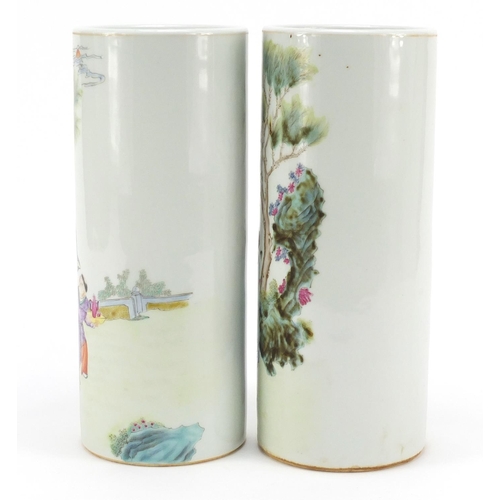 279 - Pair of Chinese porcelain sleeve vases, hand painted in the famille rose palette with figures in a g... 