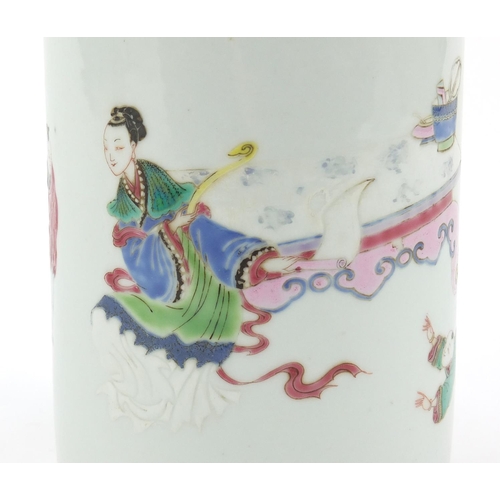 211 - Chinese porcelain brush pot, hand painted in the famille rose palette with figures and children play... 